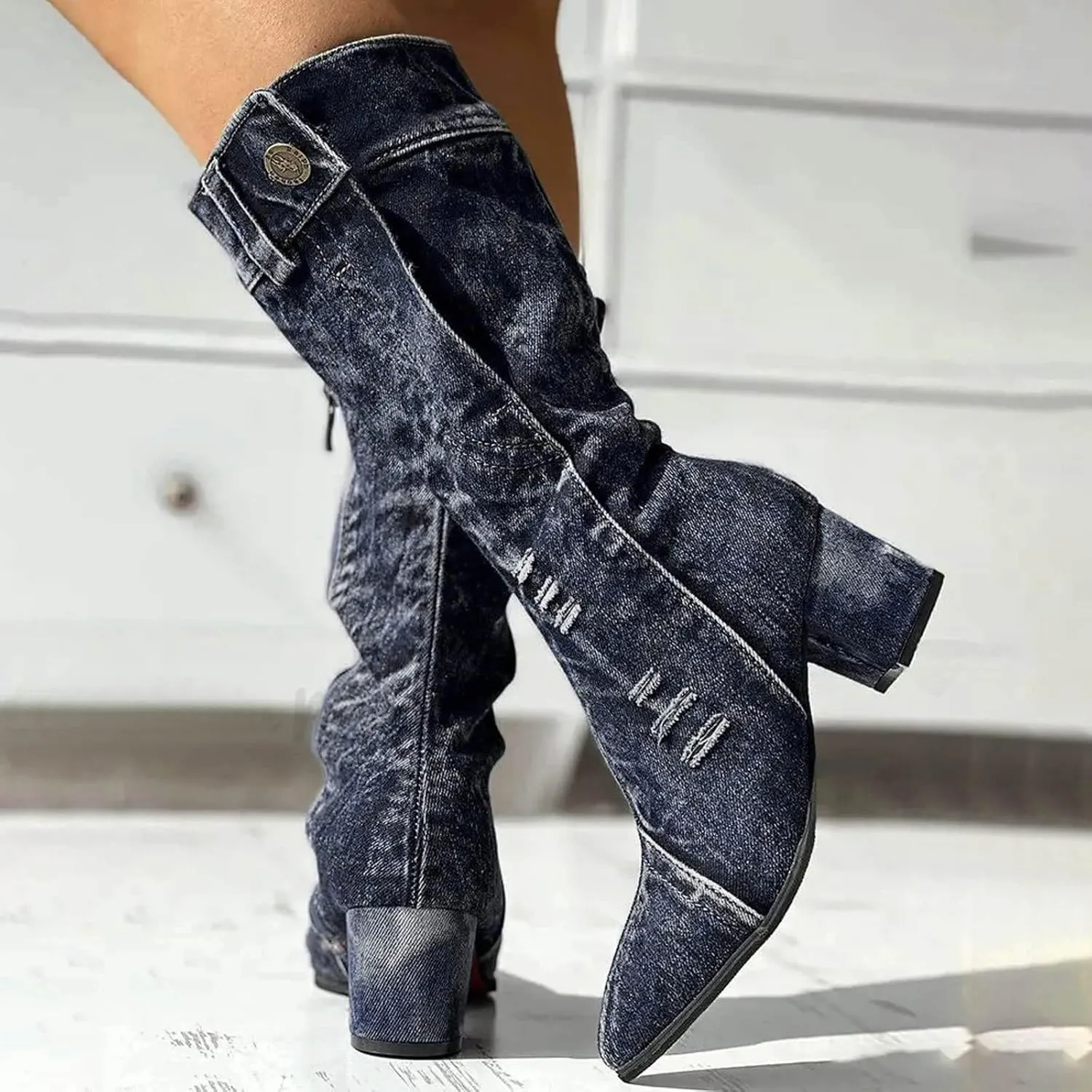 AMDBEL Mid Calf Boots for Women Chunky High Heel Fall Boots for Women 2024 Point Toe Dressy Knee High Boots Winter Shoes