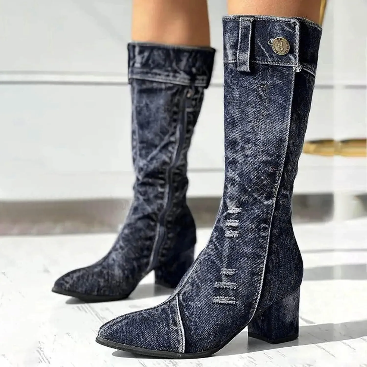 AMDBEL Mid Calf Boots for Women Chunky High Heel Fall Boots for Women 2024 Point Toe Dressy Knee High Boots Winter Shoes