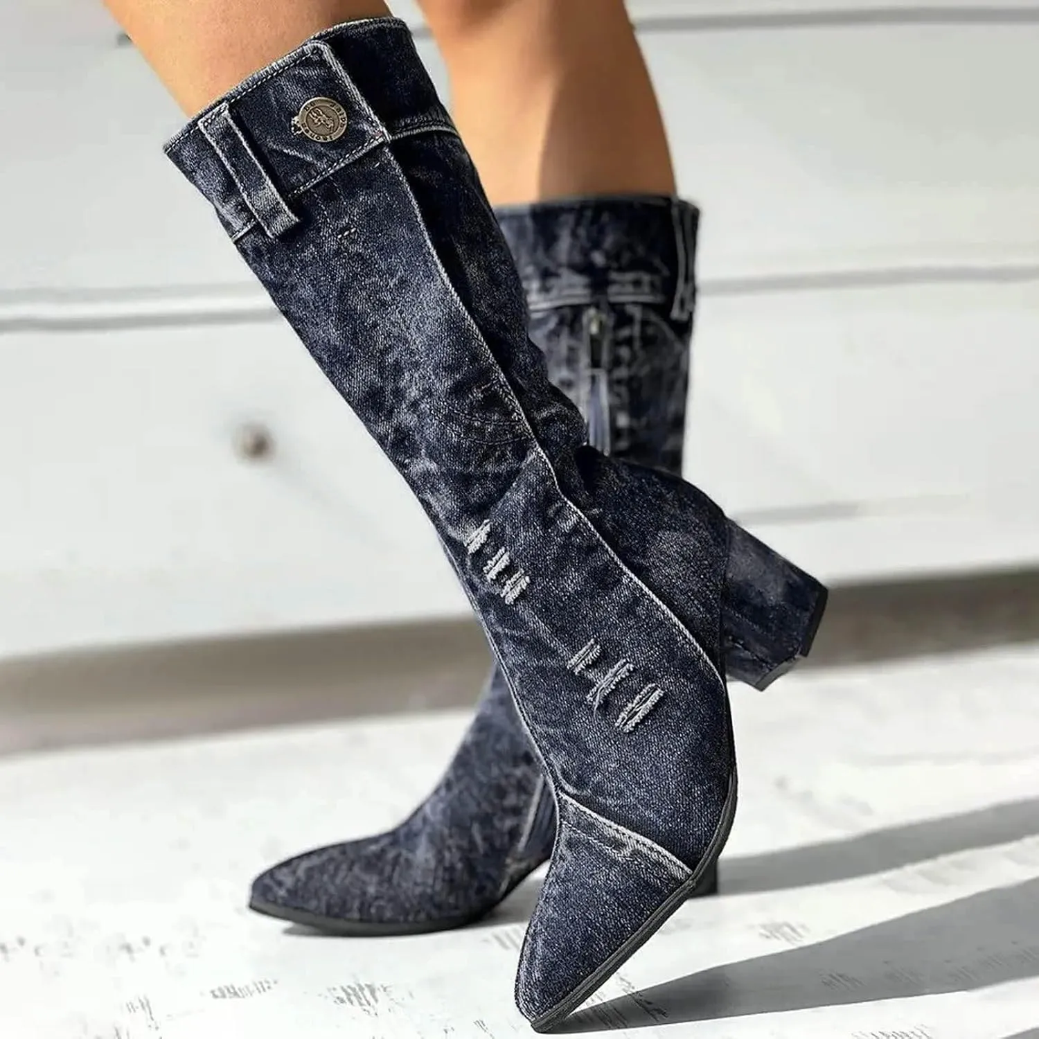 AMDBEL Mid Calf Boots for Women Chunky High Heel Fall Boots for Women 2024 Point Toe Dressy Knee High Boots Winter Shoes