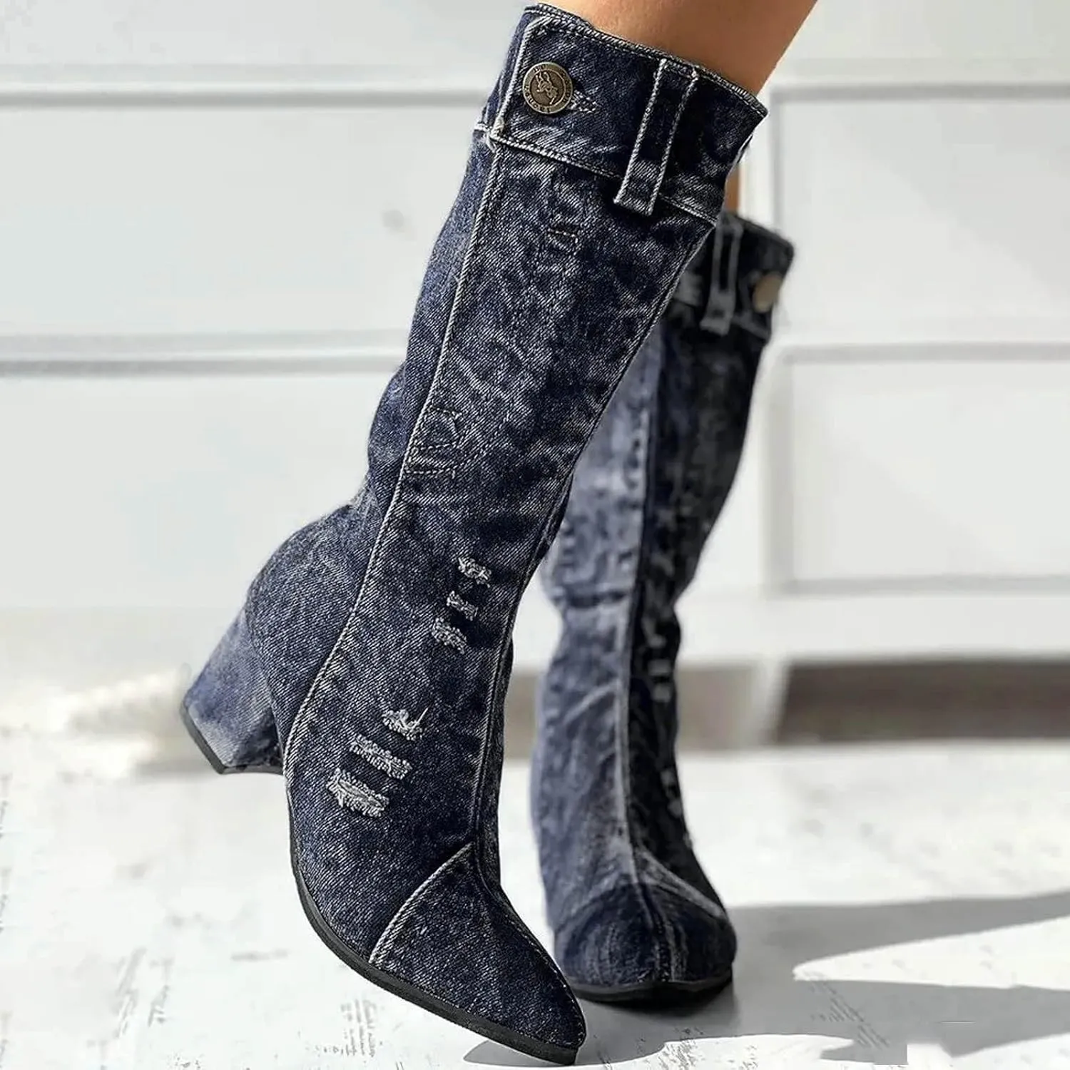 AMDBEL Mid Calf Boots for Women Chunky High Heel Fall Boots for Women 2024 Point Toe Dressy Knee High Boots Winter Shoes