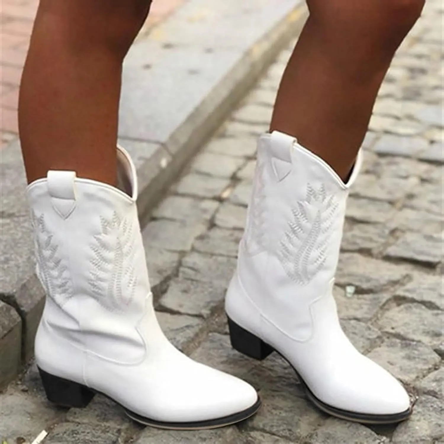 AMDBEL Mid Calf Boots for Women Low Heel Fall Boots for Women 2024 Western Cowboy Boots Embroidered Cowgirl Fashion Booties