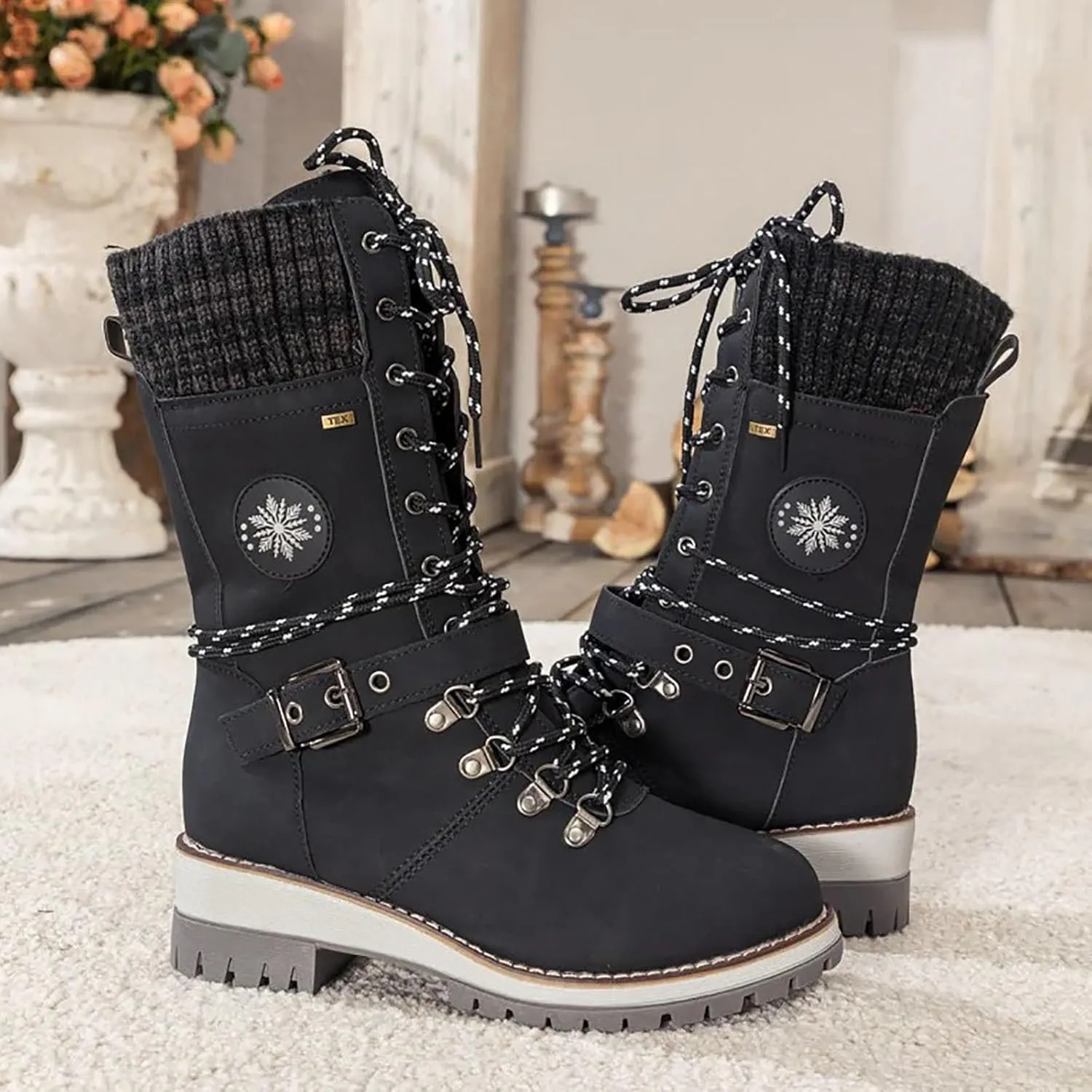 AMDBEL Wide Calf Boots for Women Low Heel Womens Fall Boots 2024 Fashion Lace Up Boots Winter Ankle Booties Ladies Shoes