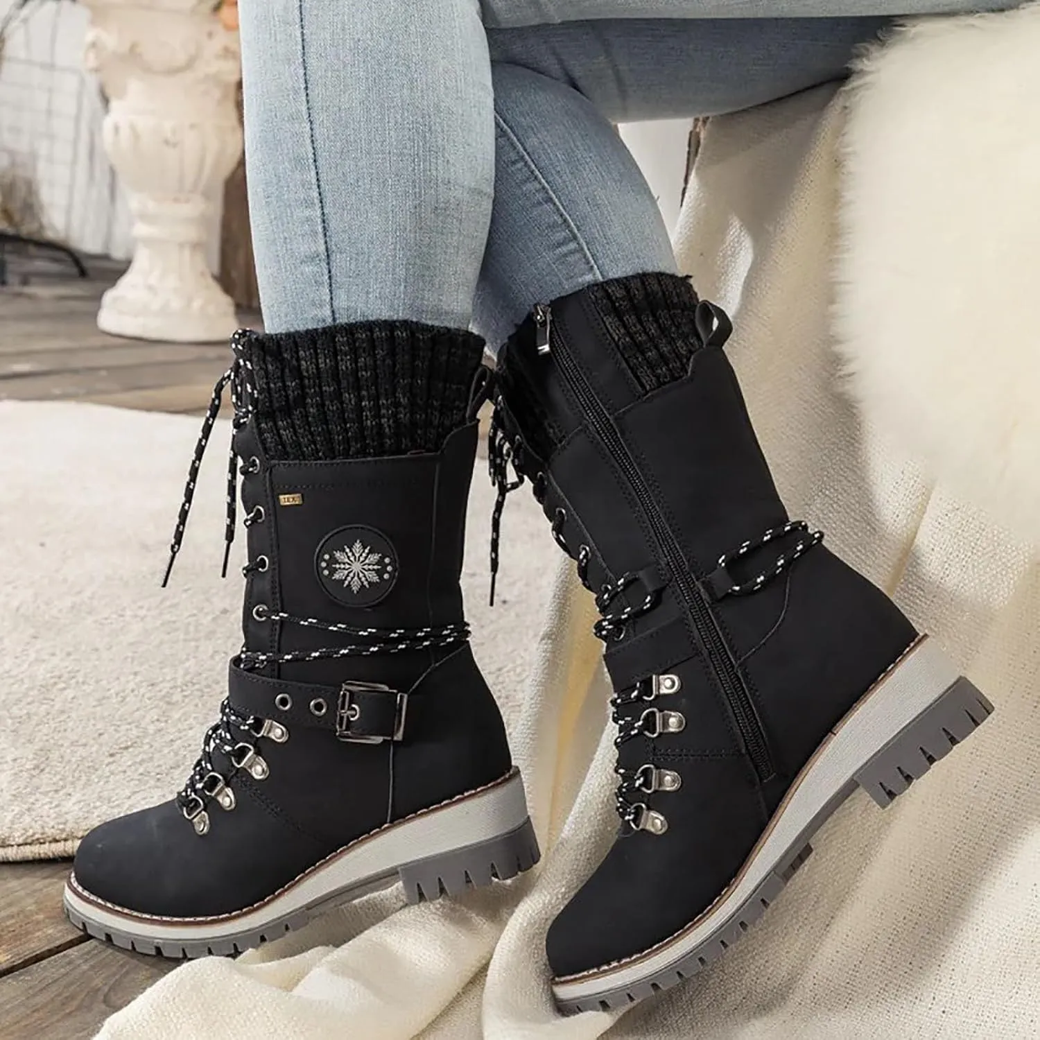 AMDBEL Wide Calf Boots for Women Low Heel Womens Fall Boots 2024 Fashion Lace Up Boots Winter Ankle Booties Ladies Shoes