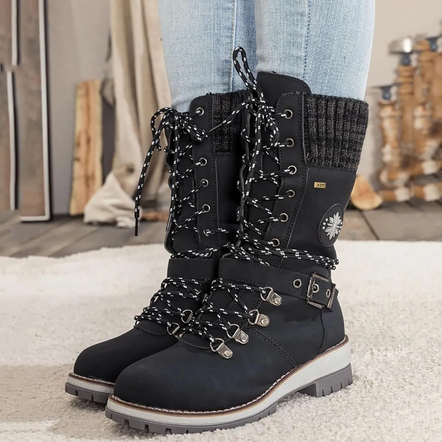 AMDBEL Wide Calf Boots for Women Low Heel Womens Fall Boots 2024 Fashion Lace Up Boots Winter Ankle Booties Ladies Shoes