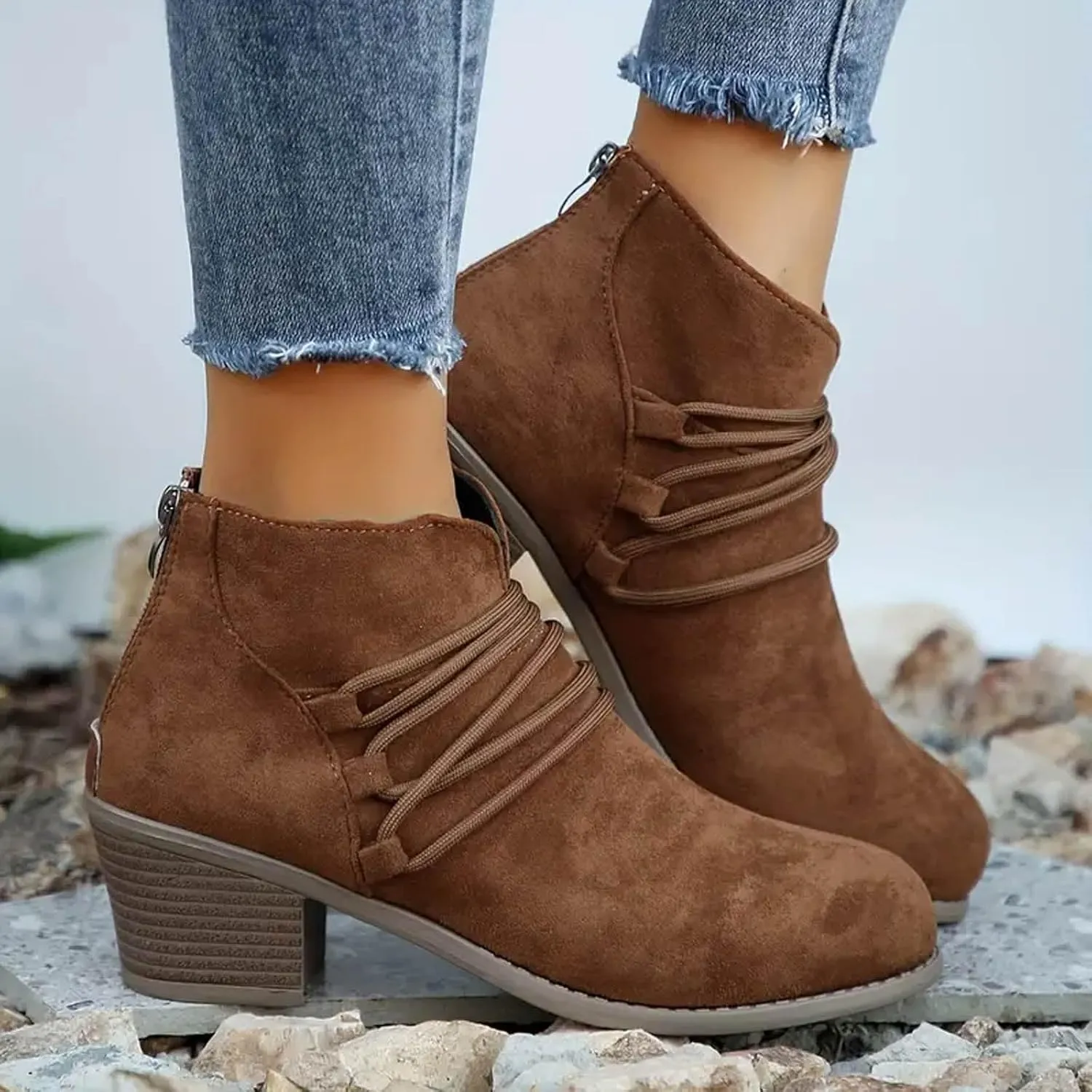 AMDBEL Winter Boots for Women 2024 Ankle Booties Fashion Low Heel Side Zipper Pointd Toe Suede Fall Winter Short Boots Shoes