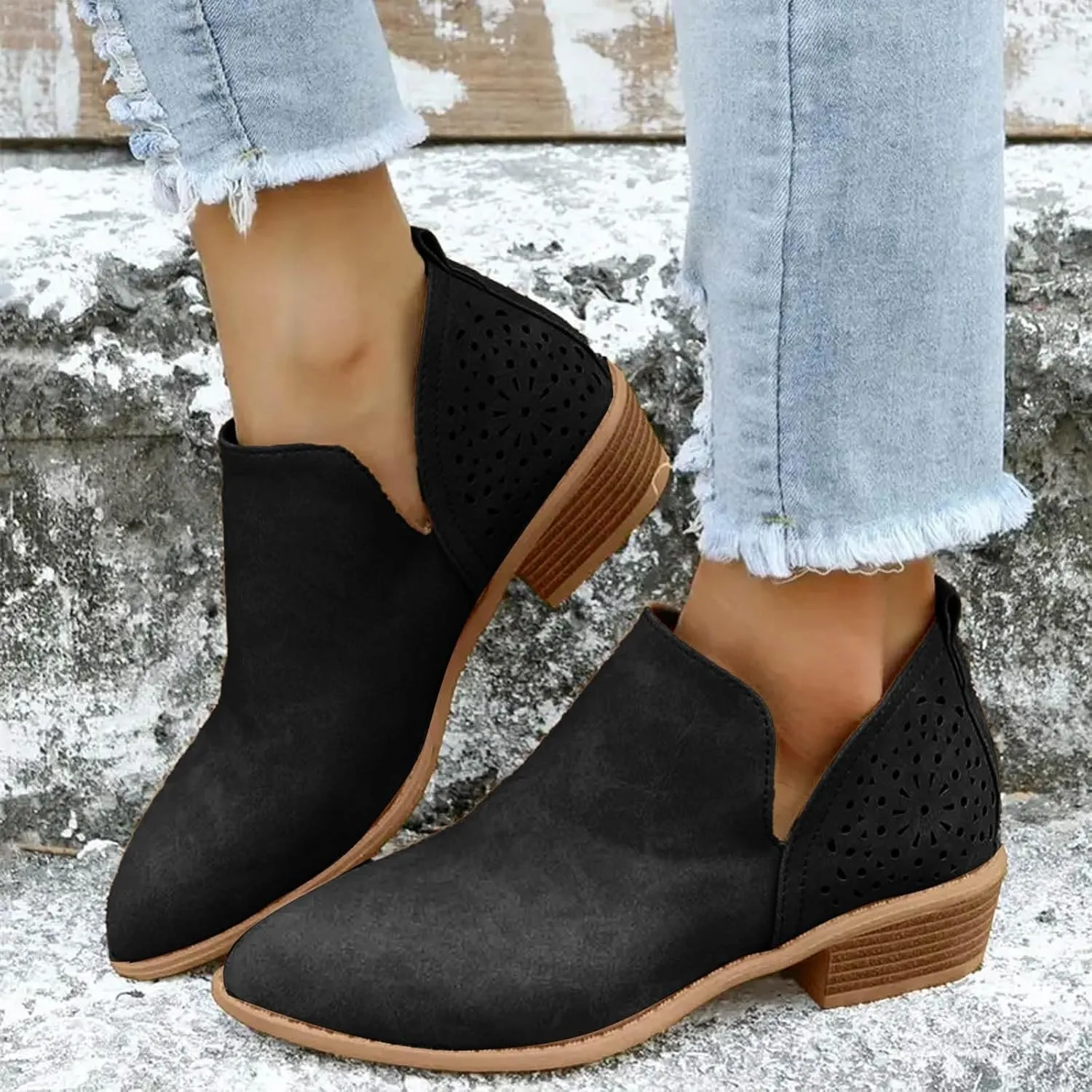 AMDBEL Winter Boots for Women 2024 Ankle Booties Low Heel Short Boots Chelsea Boots Hollow Out Pointd Toe Fall Winter Shoes