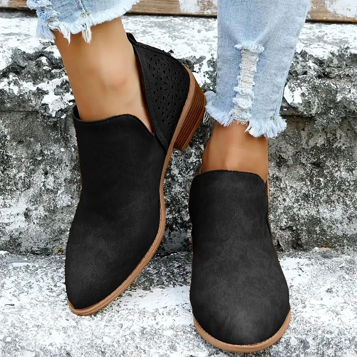 AMDBEL Winter Boots for Women 2024 Ankle Booties Low Heel Short Boots Chelsea Boots Hollow Out Pointd Toe Fall Winter Shoes