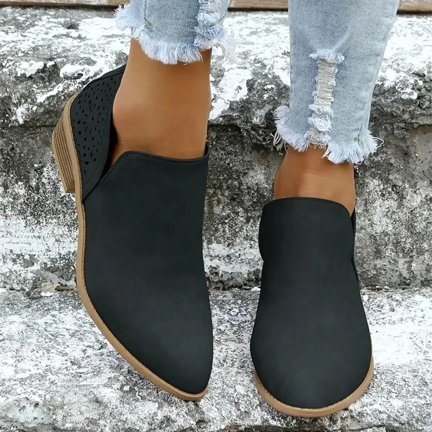 AMDBEL Winter Boots for Women 2024 Ankle Booties Low Heel Short Boots Chelsea Boots Hollow Out Pointd Toe Fall Winter Shoes