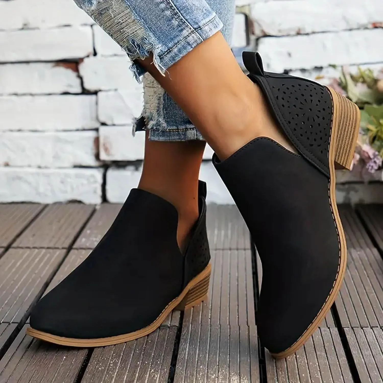 AMDBEL Winter Boots for Women 2024 Ankle Booties Low Heel Short Boots Chelsea Boots Hollow Out Pointd Toe Fall Winter Shoes
