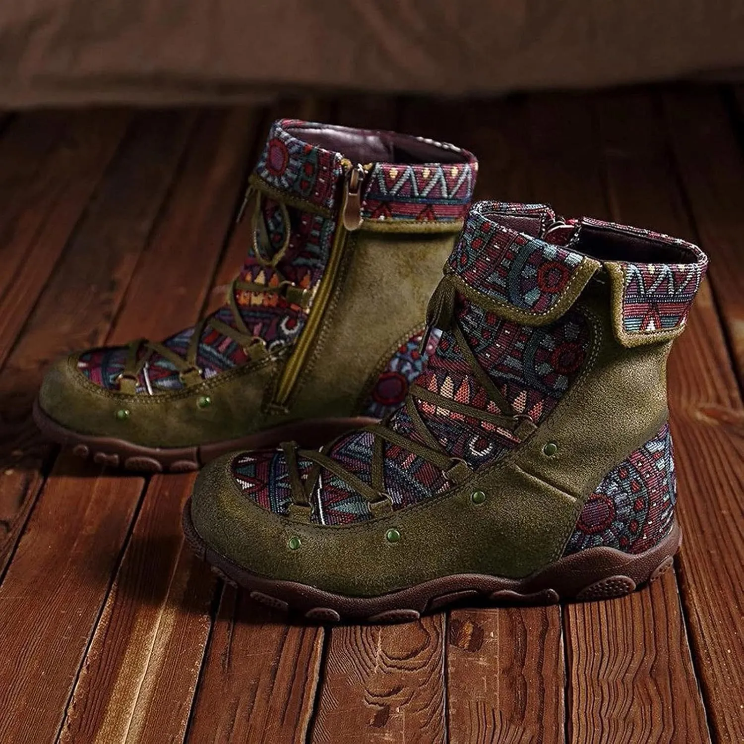 AMDBEL Winter Boots for Women 2024 Ankle Boots Low Heel Lace Up Short Boots Bohemian Winter Vintage Booties Shoes