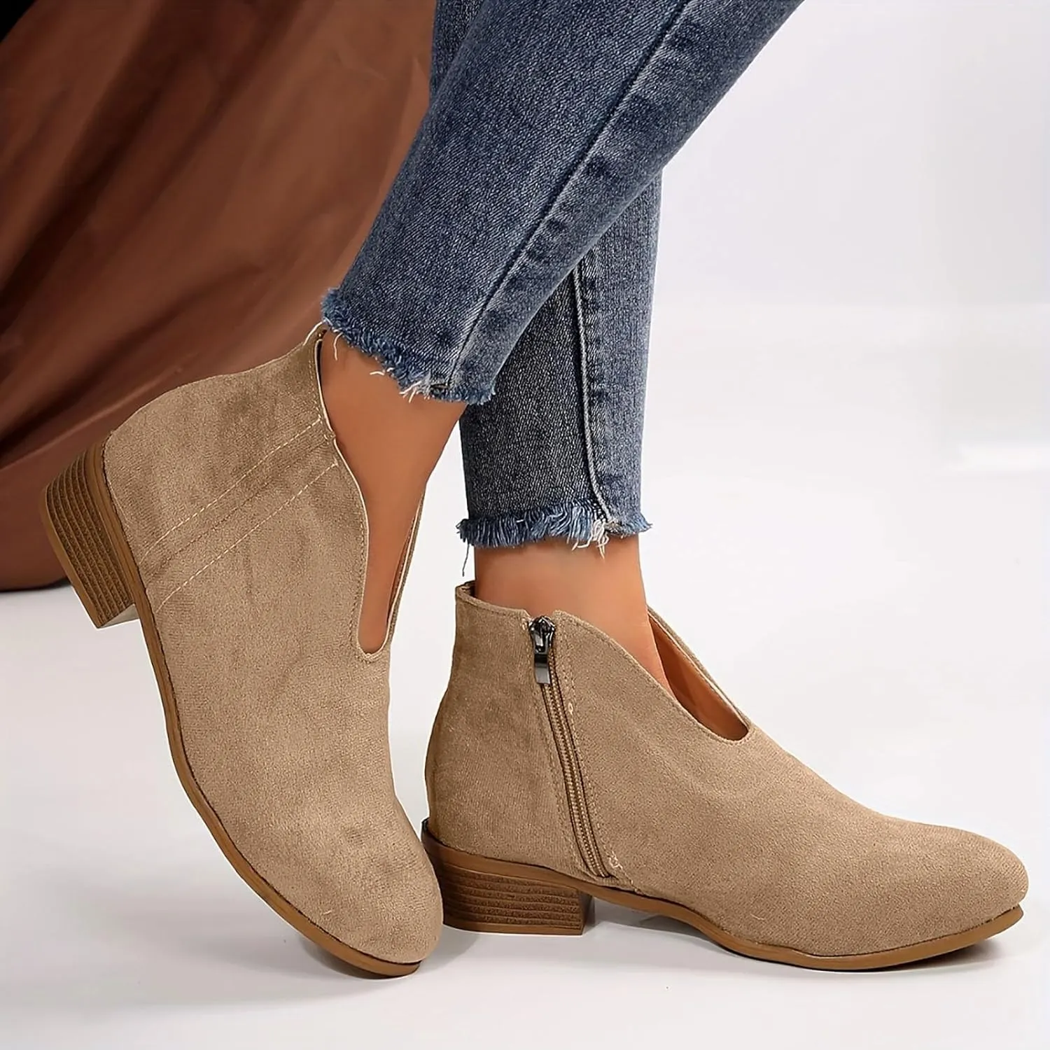 AMDBEL Winter Boots for Women 2024 Ankle Boots Low Heel Side Zipper V Cut Suede Short Boots Fall Winter Shoes