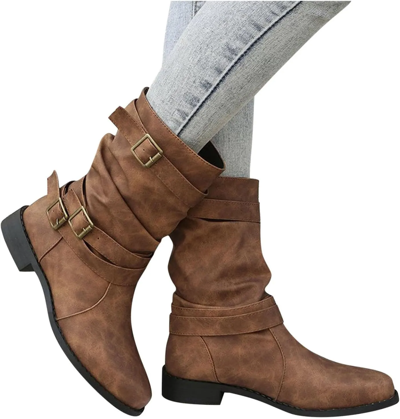AMDBEL Winter Boots for Women 2024 Ankle Boots Low Heel Slip On Boots Winter Ladies Mid Calf Booties Shoes