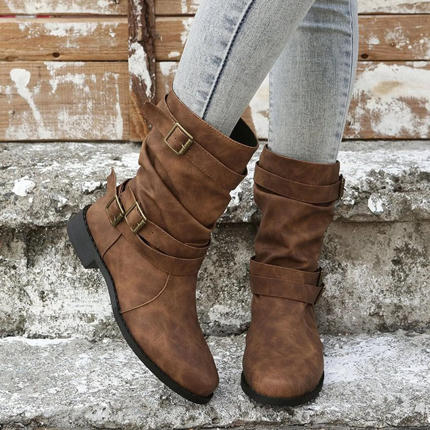 AMDBEL Winter Boots for Women 2024 Ankle Boots Low Heel Slip On Boots Winter Ladies Mid Calf Booties Shoes