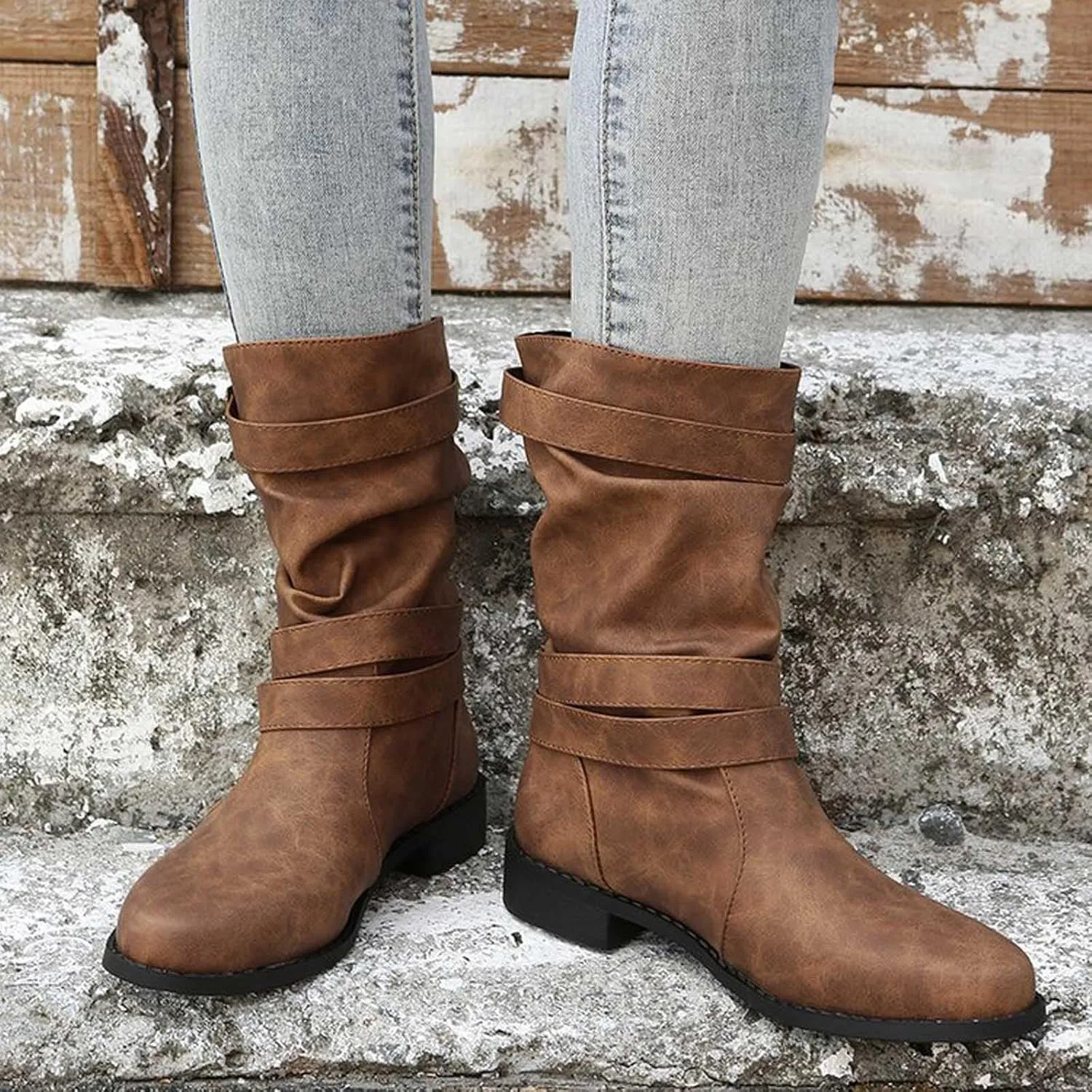 AMDBEL Winter Boots for Women 2024 Ankle Boots Low Heel Slip On Boots Winter Ladies Mid Calf Booties Shoes
