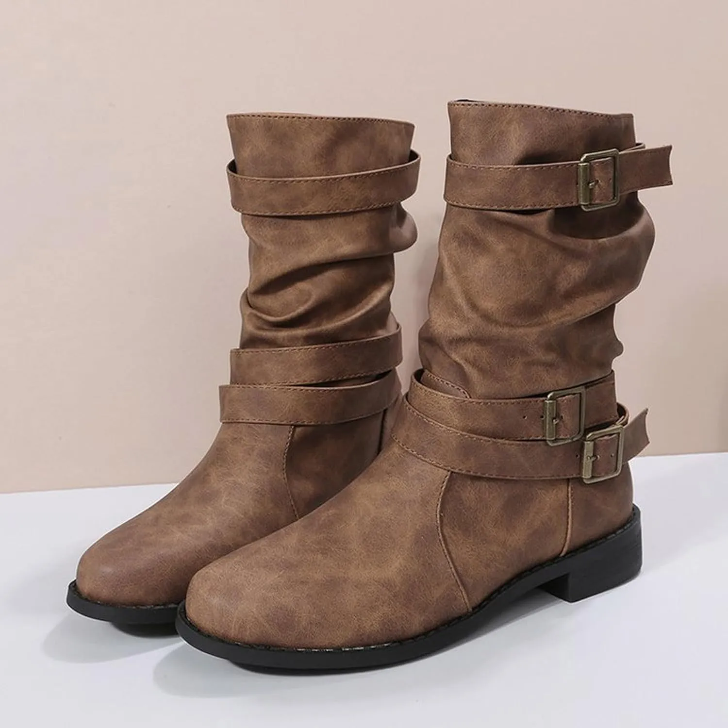 AMDBEL Winter Boots for Women 2024 Ankle Boots Low Heel Slip On Boots Winter Ladies Mid Calf Booties Shoes