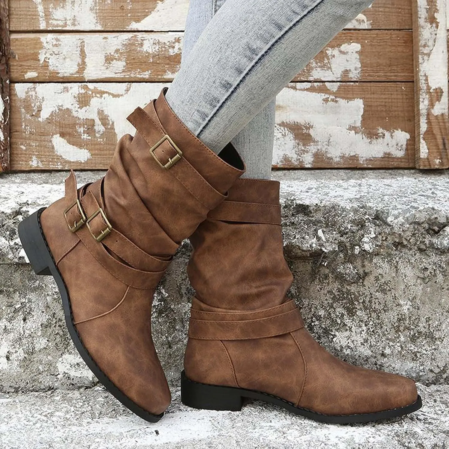 AMDBEL Winter Boots for Women 2024 Ankle Boots Low Heel Slip On Boots Winter Ladies Mid Calf Booties Shoes