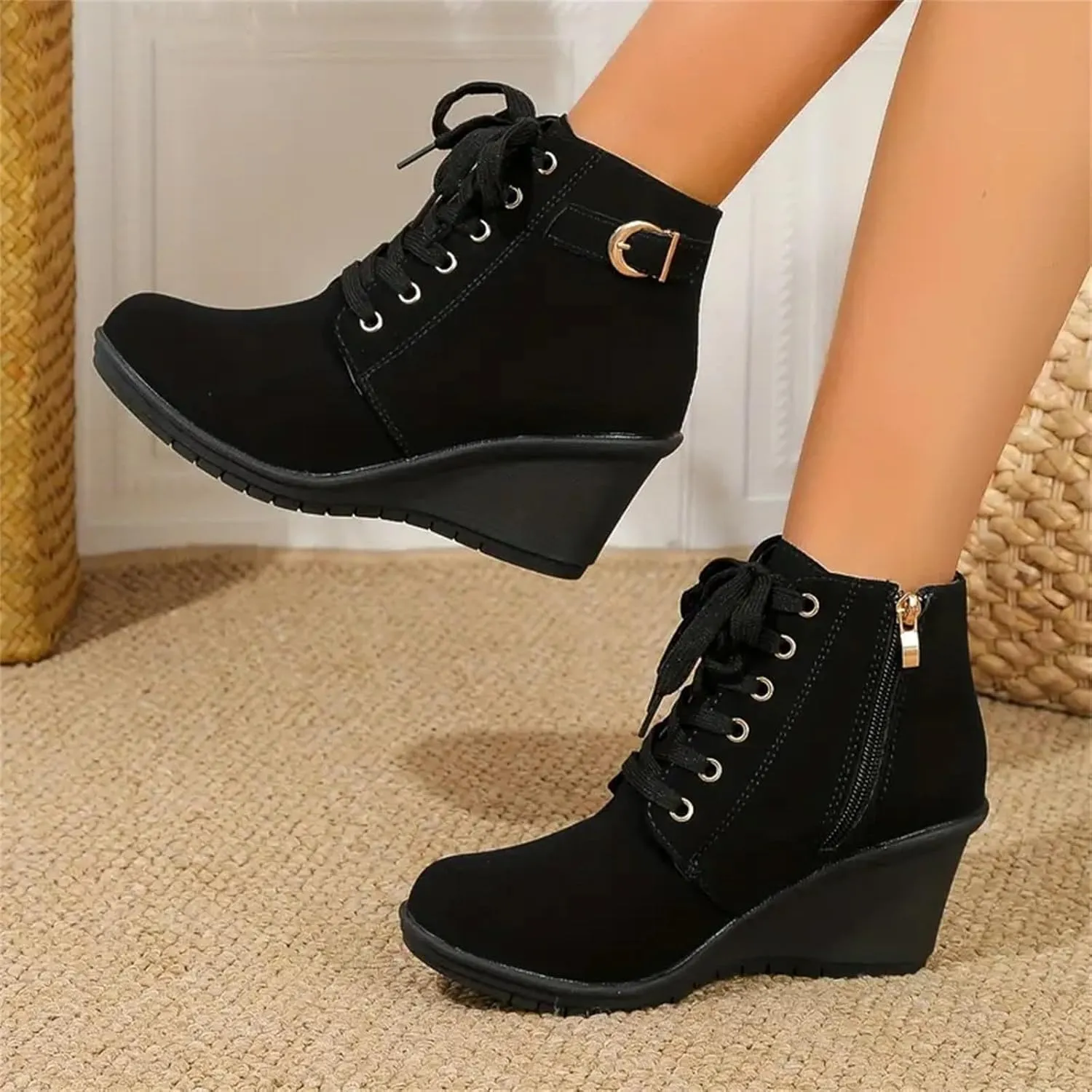 AMDBEL Winter Boots for Women 2024 Ankle Boots Square Heel Lace Up Short Boots Winter Wedge Booties Shoes