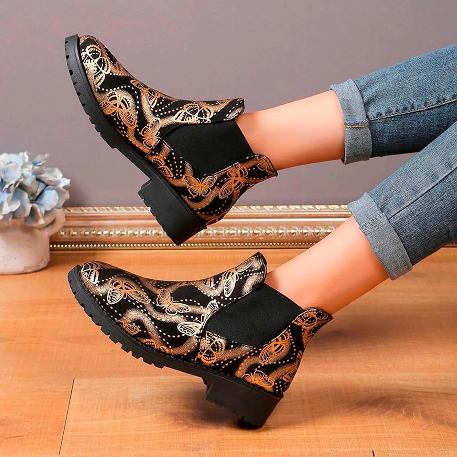 AMDBEL Womens Boots Ankle, Women's Ankle Boots Low Heel Flat Short Boots Fashion Winter Chelsea Booties Shoes