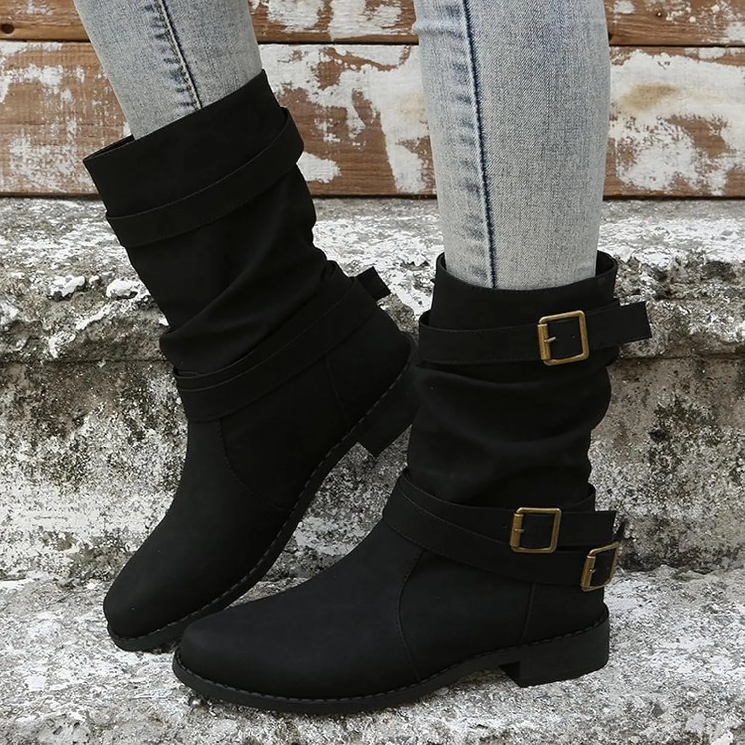AMDBEL Womens Boots Ankle, Women's Ankle Boots Low Heel Slip On Boots Winter Ladies Mid Calf Booties Shoes