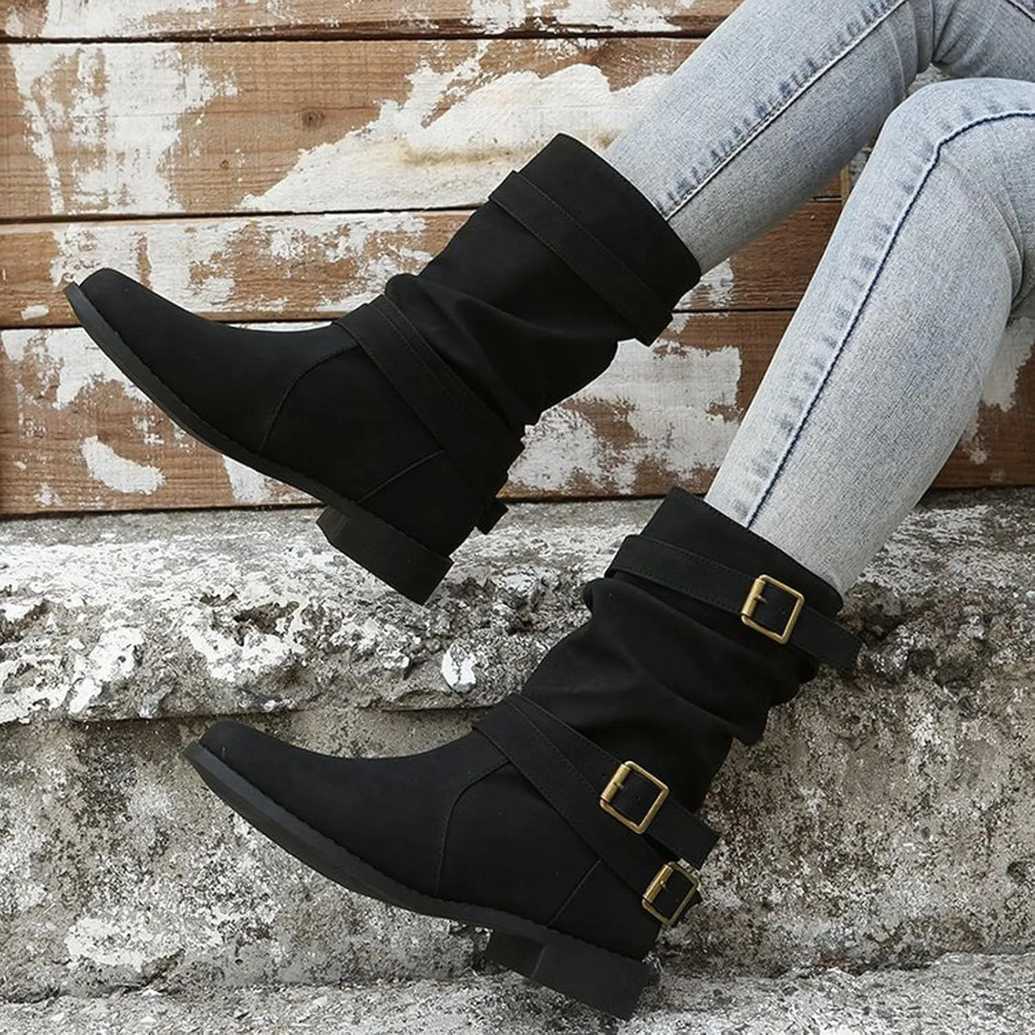 AMDBEL Womens Boots Ankle, Women's Ankle Boots Low Heel Slip On Boots Winter Ladies Mid Calf Booties Shoes
