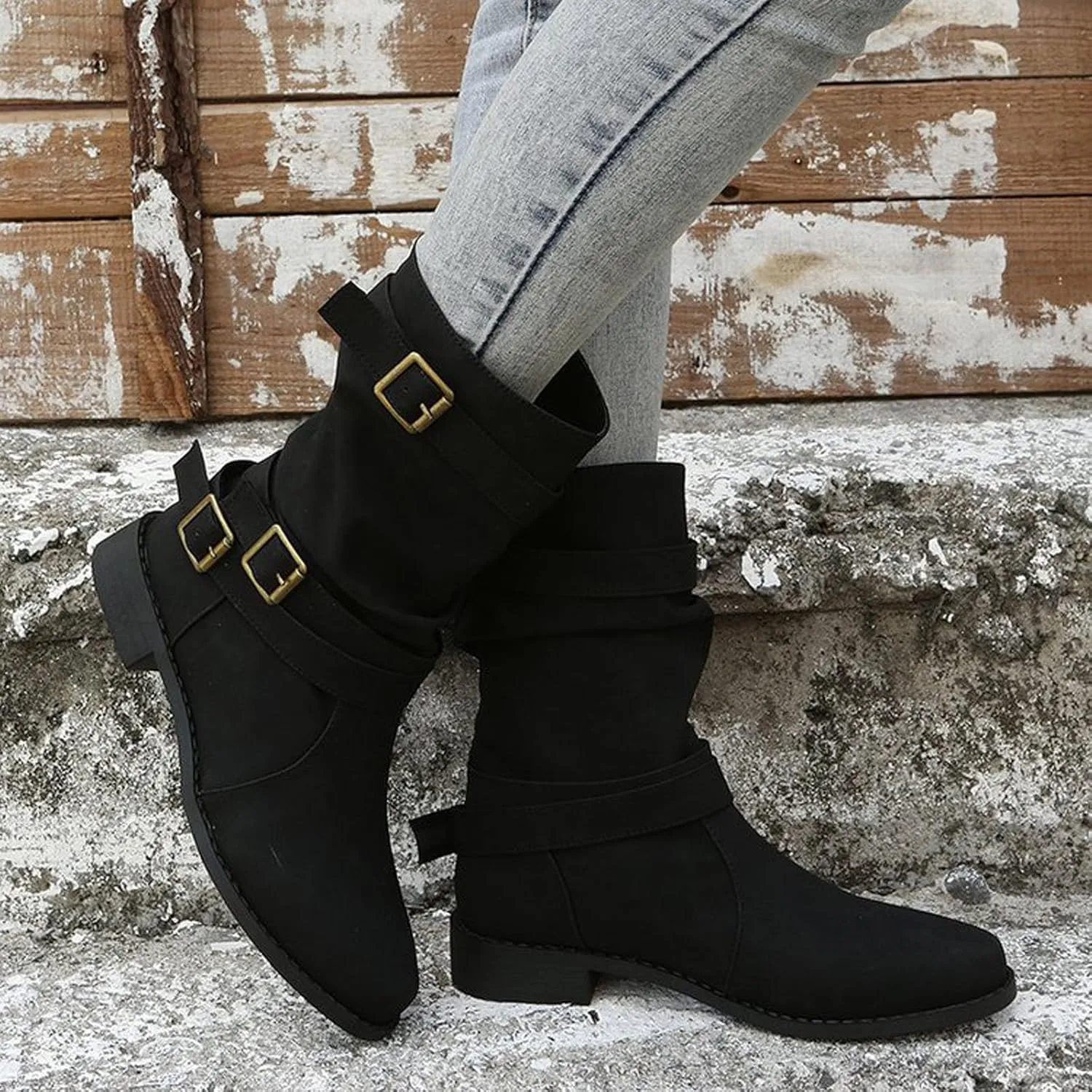 AMDBEL Womens Boots Ankle, Women's Ankle Boots Low Heel Slip On Boots Winter Ladies Mid Calf Booties Shoes