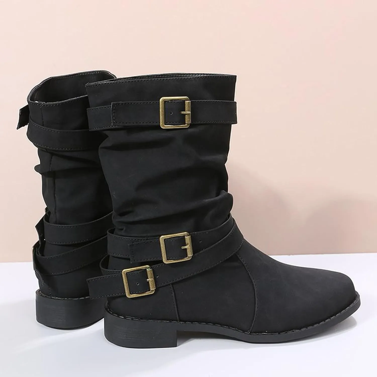 AMDBEL Womens Boots Ankle, Women's Ankle Boots Low Heel Slip On Boots Winter Ladies Mid Calf Booties Shoes