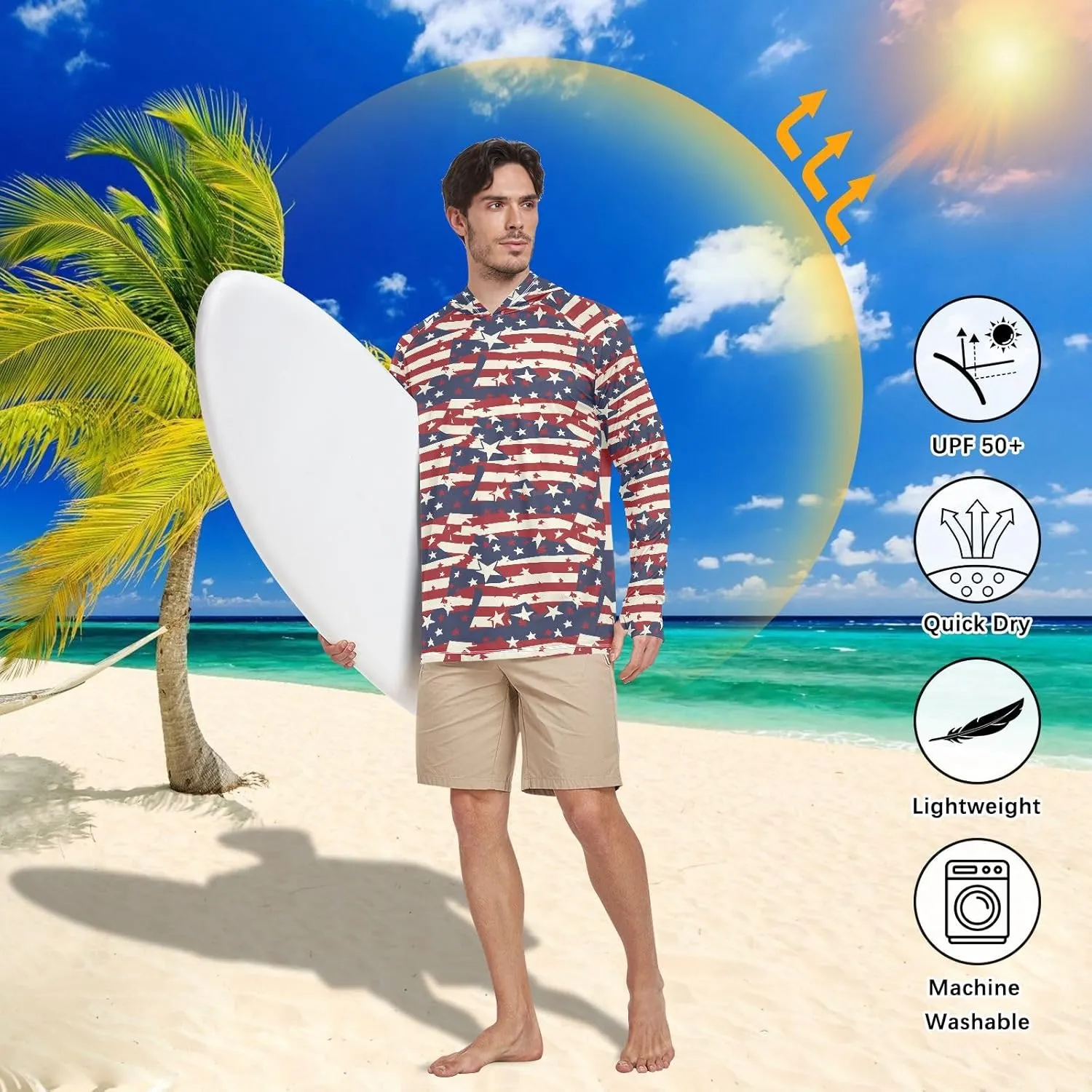 American Flags Men Sun Protection Hoodies Long Sleeve Sun Shirt with Hood UPF 50  Fishing Shirts Men UV Rash Guards Vintage