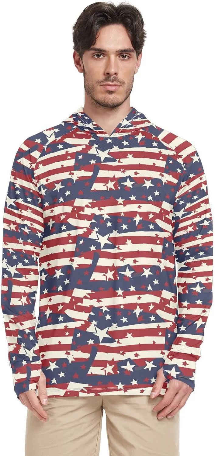 American Flags Men Sun Protection Hoodies Long Sleeve Sun Shirt with Hood UPF 50  Fishing Shirts Men UV Rash Guards Vintage