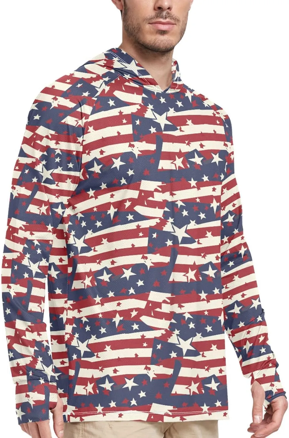 American Flags Men Sun Protection Hoodies Long Sleeve Sun Shirt with Hood UPF 50  Fishing Shirts Men UV Rash Guards Vintage