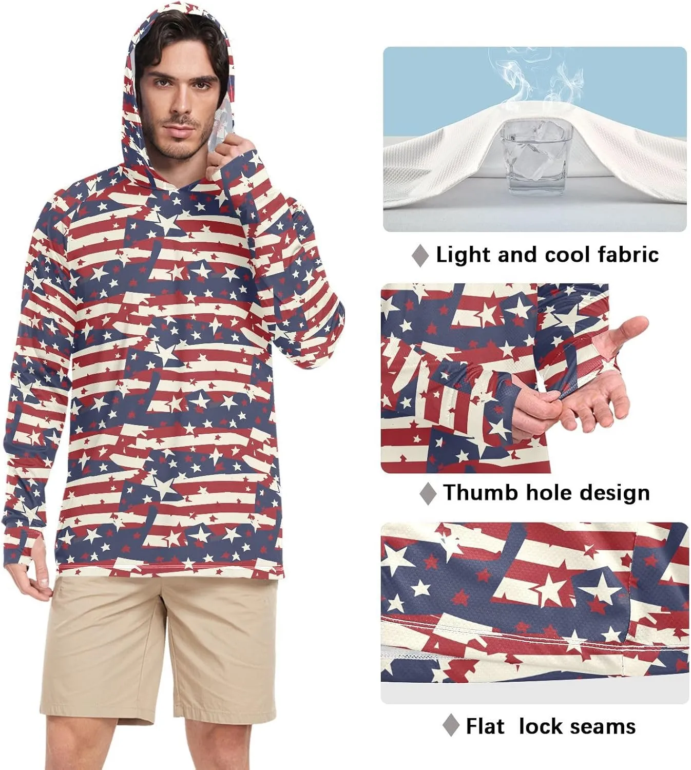 American Flags Men Sun Protection Hoodies Long Sleeve Sun Shirt with Hood UPF 50  Fishing Shirts Men UV Rash Guards Vintage