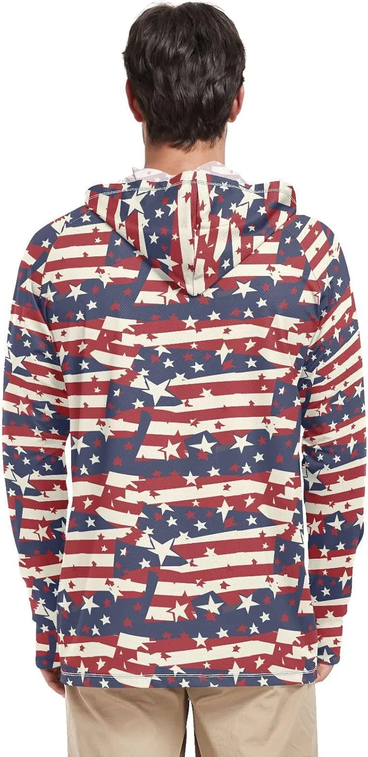 American Flags Men Sun Protection Hoodies Long Sleeve Sun Shirt with Hood UPF 50  Fishing Shirts Men UV Rash Guards Vintage
