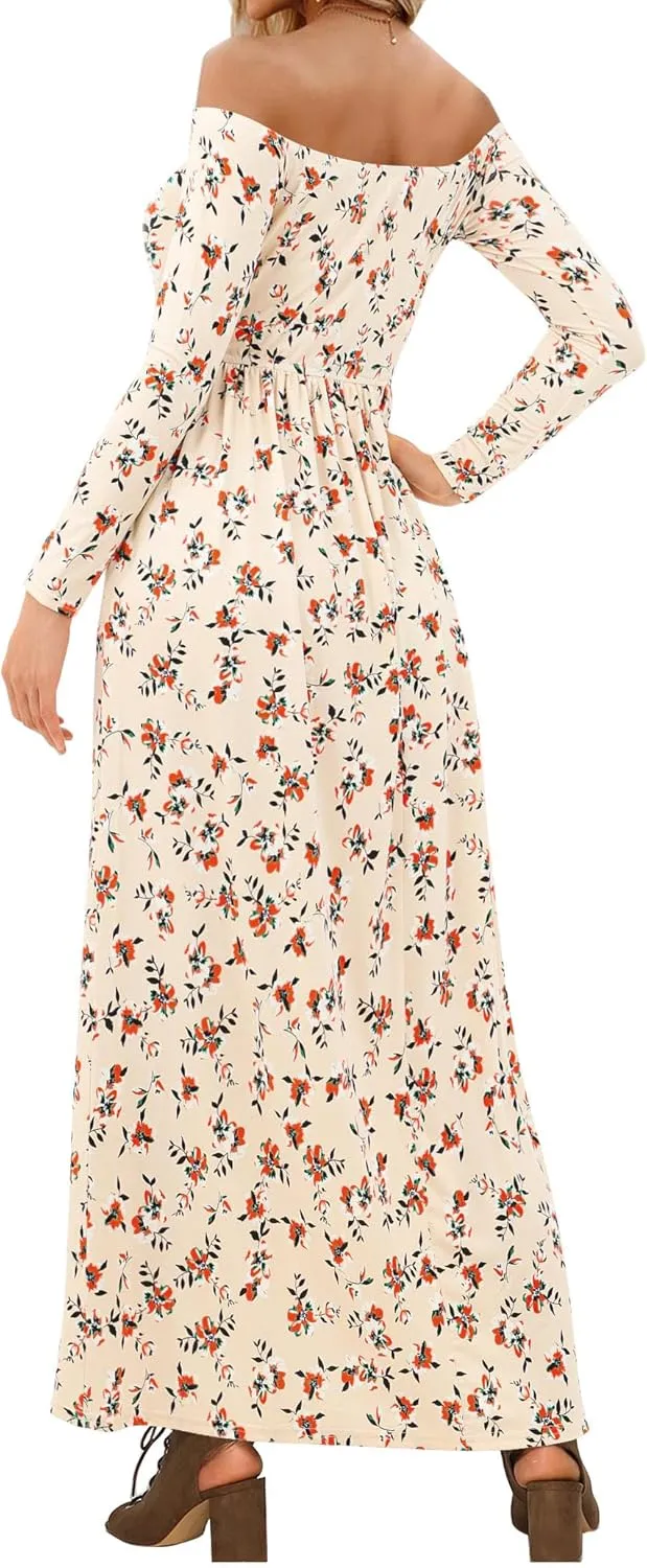 Amoretu Dresses for Women Long Sleeve Off Shoulder Maxi Flowy Casual Loose Plain Dress with Pockets