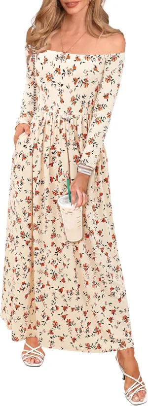 Amoretu Dresses for Women Long Sleeve Off Shoulder Maxi Flowy Casual Loose Plain Dress with Pockets