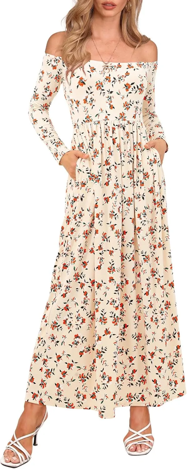 Amoretu Dresses for Women Long Sleeve Off Shoulder Maxi Flowy Casual Loose Plain Dress with Pockets