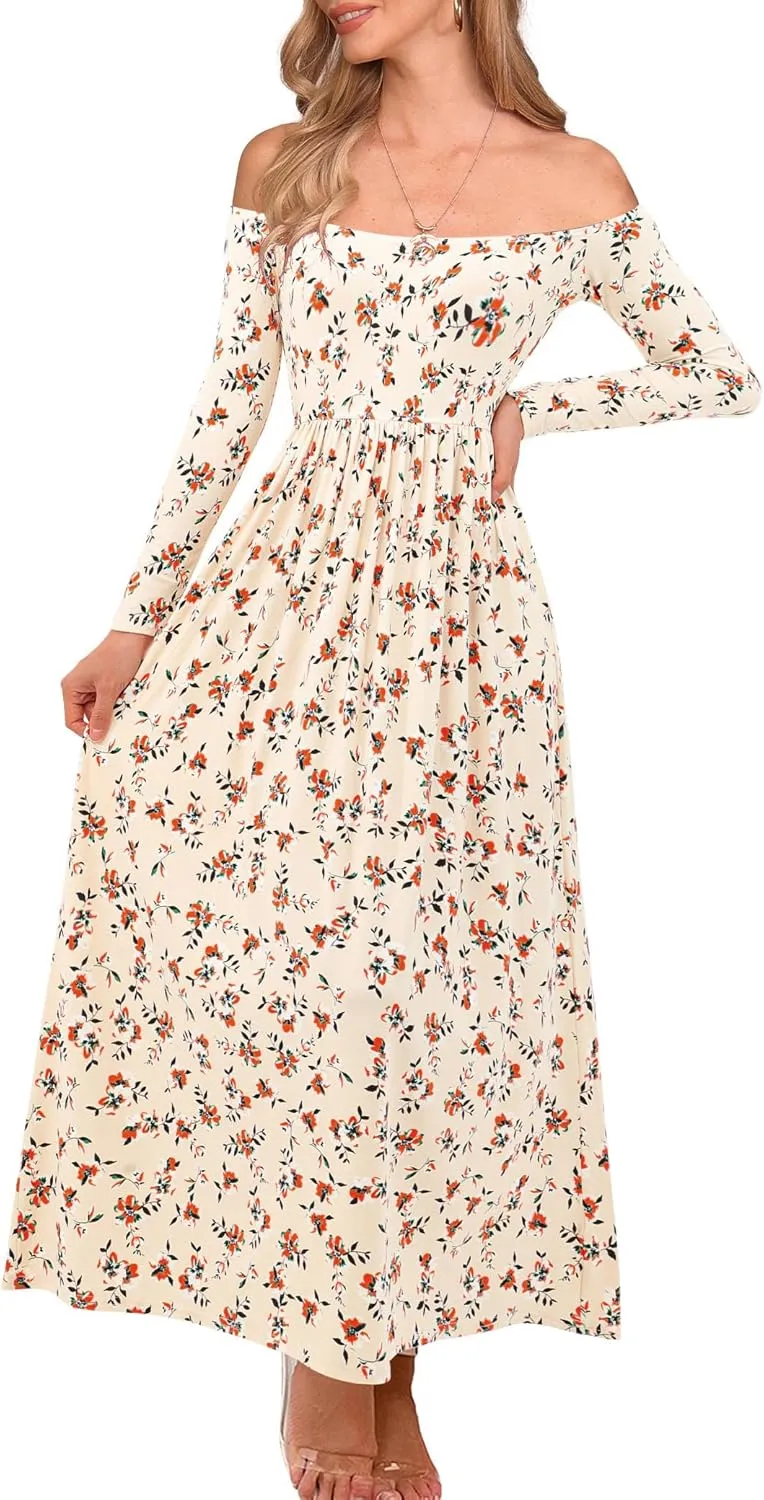 Amoretu Dresses for Women Long Sleeve Off Shoulder Maxi Flowy Casual Loose Plain Dress with Pockets