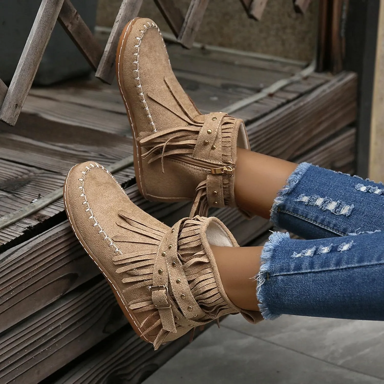 Ankle Boots for Women Flat Side Zip Vintage Womens Cowboy Boots Round Toe Fringe Buckle Straps Studded Western Cowboy Shoes