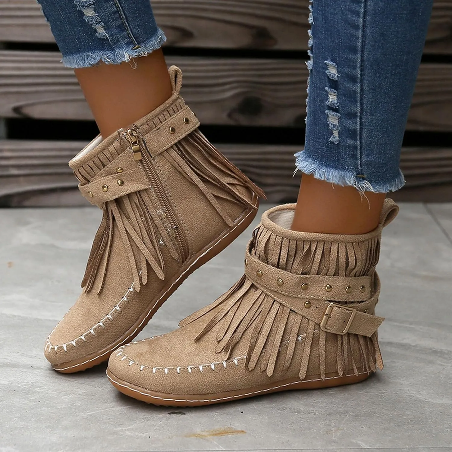 Ankle Boots for Women Flat Side Zip Vintage Womens Cowboy Boots Round Toe Fringe Buckle Straps Studded Western Cowboy Shoes
