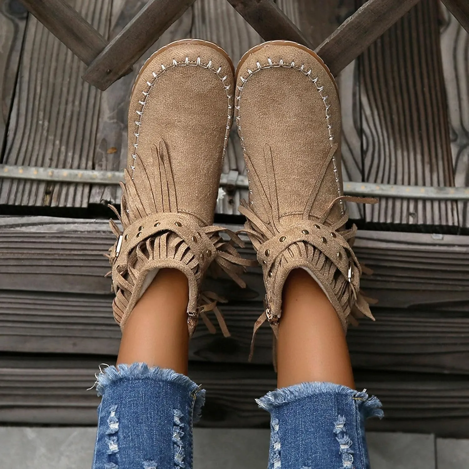 Ankle Boots for Women Flat Side Zip Vintage Womens Cowboy Boots Round Toe Fringe Buckle Straps Studded Western Cowboy Shoes