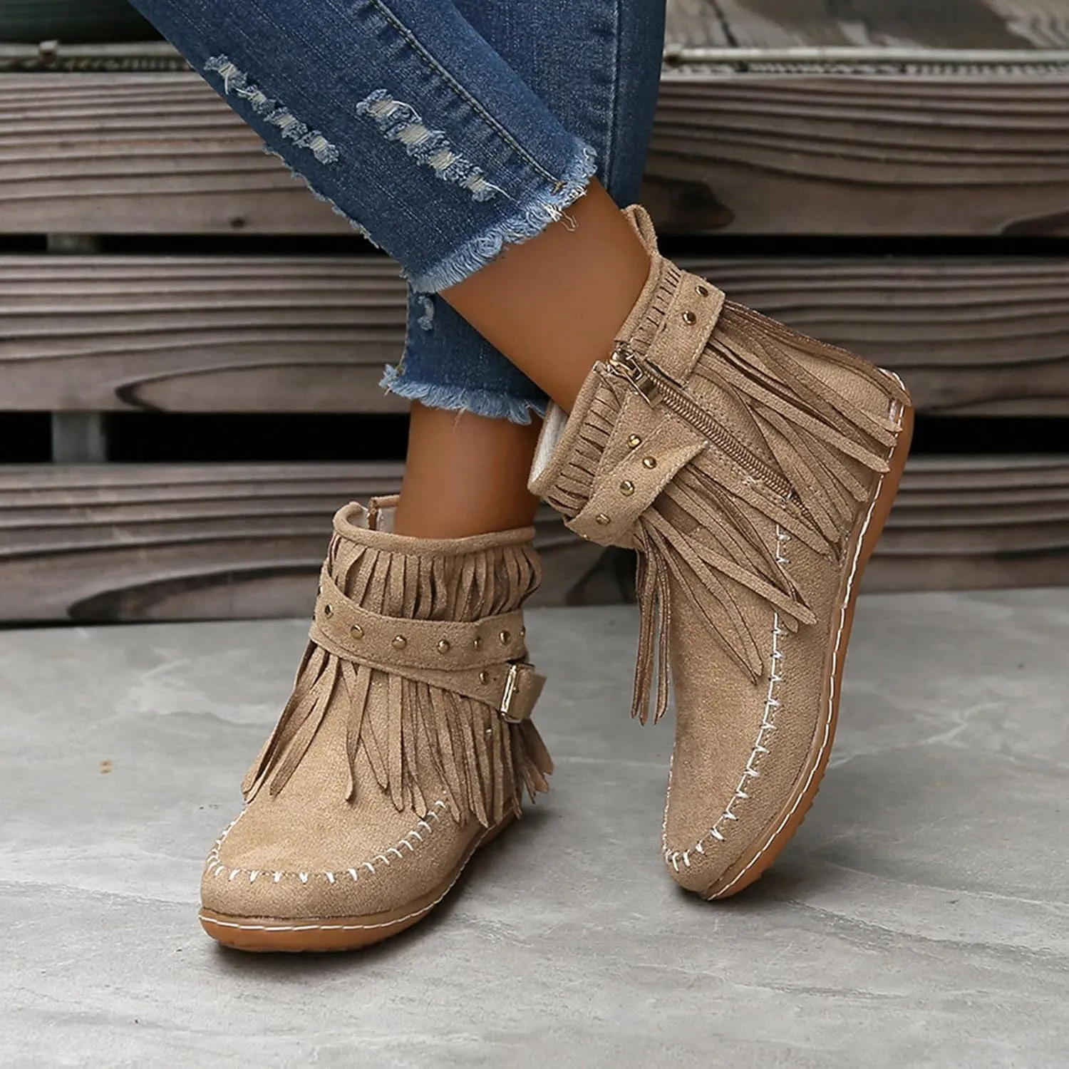 Ankle Boots for Women Flat Side Zip Vintage Womens Cowboy Boots Round Toe Fringe Buckle Straps Studded Western Cowboy Shoes