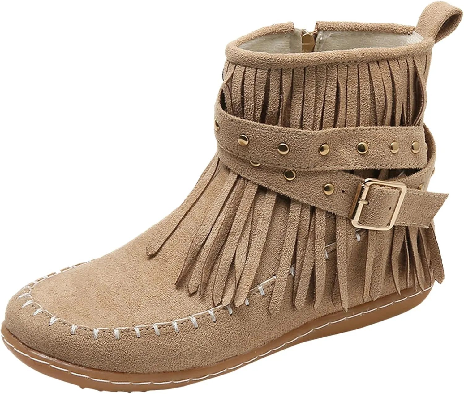 Ankle Boots for Women Flat Side Zip Vintage Womens Cowboy Boots Round Toe Fringe Buckle Straps Studded Western Cowboy Shoes