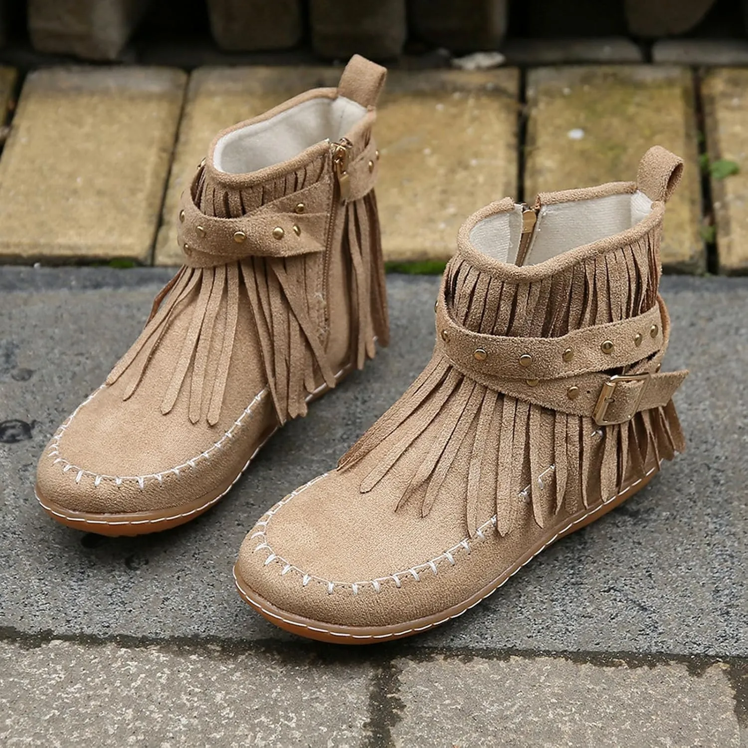 Ankle Boots for Women Flat Side Zip Vintage Womens Cowboy Boots Round Toe Fringe Buckle Straps Studded Western Cowboy Shoes