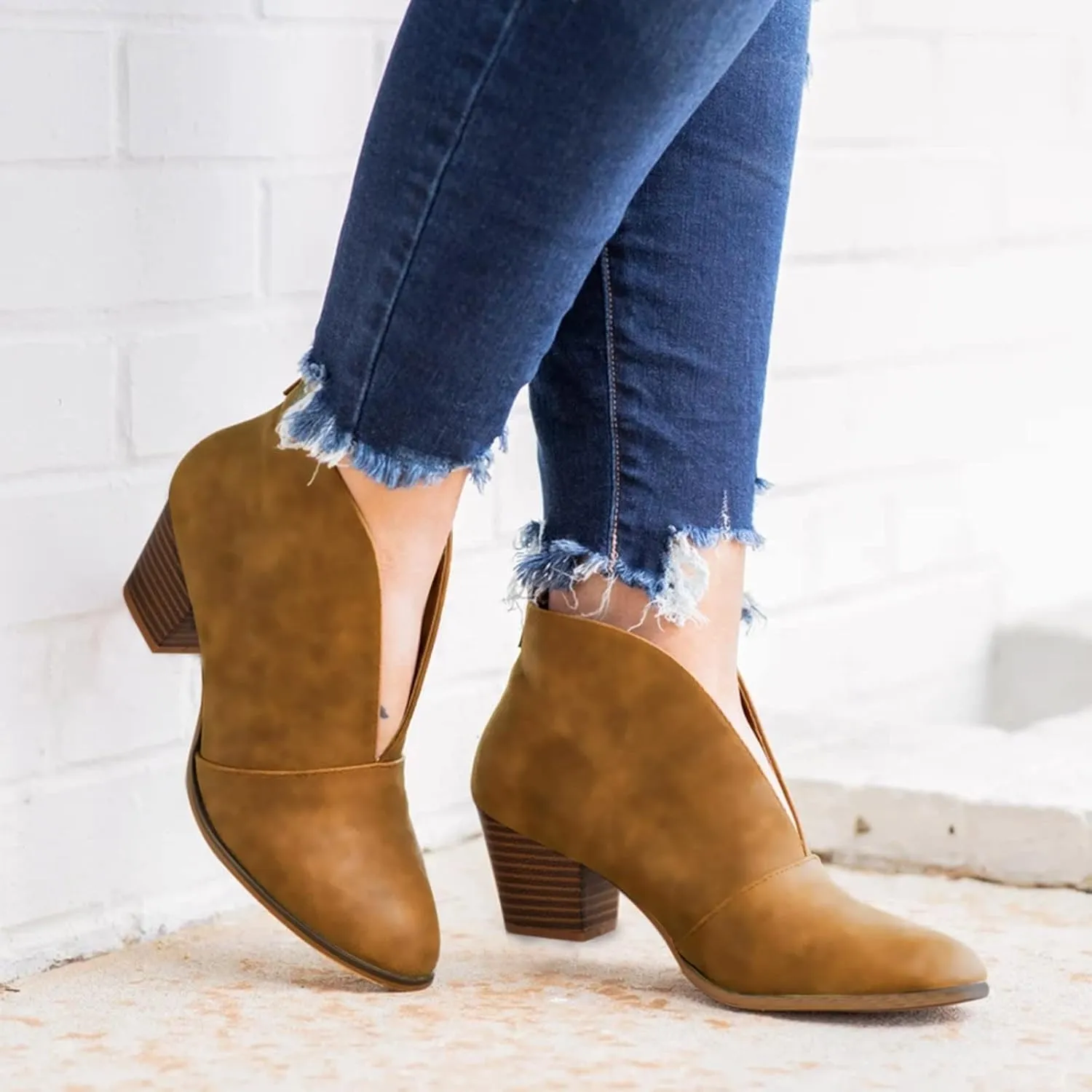 Ankle Boots for Women Low Heel V Cut Ankle Booties Stacked Chunky Heel Dressy Boots Faux Leather Western Booties