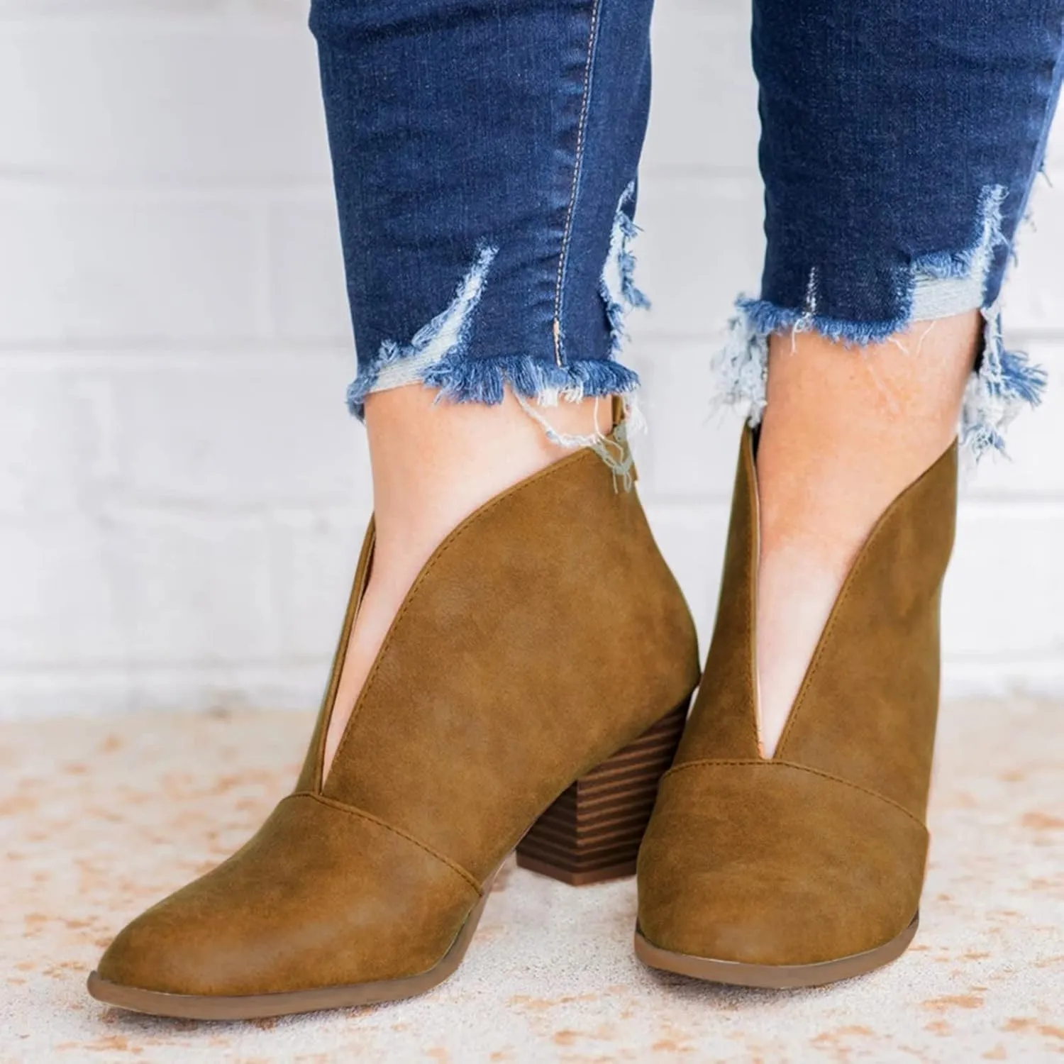 Ankle Boots for Women Low Heel V Cut Ankle Booties Stacked Chunky Heel Dressy Boots Faux Leather Western Booties