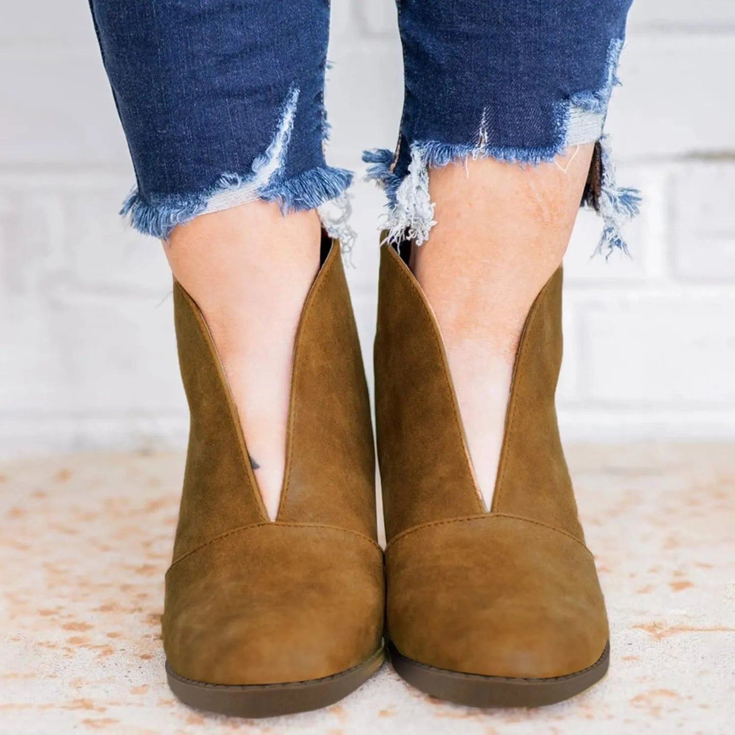 Ankle Boots for Women Low Heel V Cut Ankle Booties Stacked Chunky Heel Dressy Boots Faux Leather Western Booties