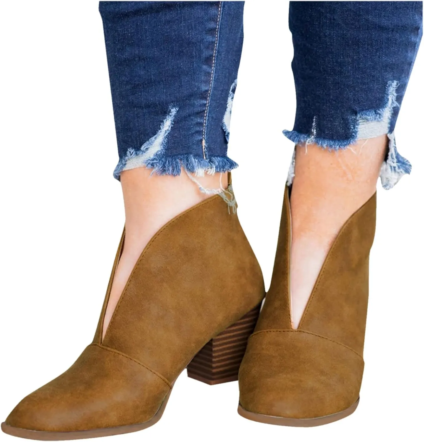 Ankle Boots for Women Low Heel V Cut Ankle Booties Stacked Chunky Heel Dressy Boots Faux Leather Western Booties