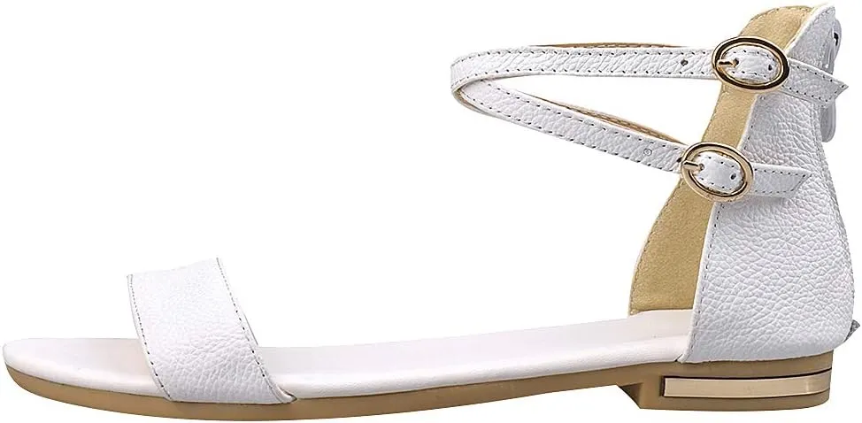 ANUFER Women's Genuine Leather Crossing Ankle Straps Sandals Flat Open-toe Back Zipper Summer Pumps Shoes
