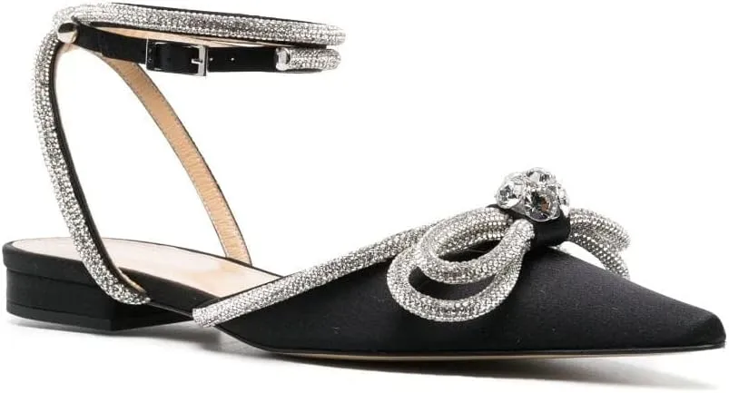 Arqa Double Bow Crystal Embellished Flats Women's Rhinestone Ankle Straps Ballet Flat Pointed Toe Bows Ballerina Shoes