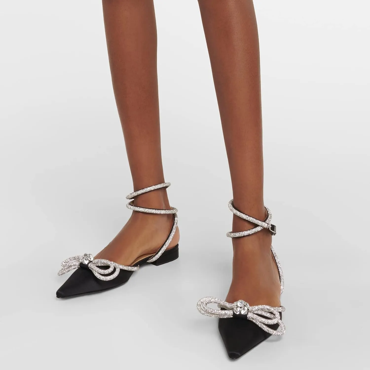 Arqa Double Bow Crystal Embellished Flats Women's Rhinestone Ankle Straps Ballet Flat Pointed Toe Bows Ballerina Shoes