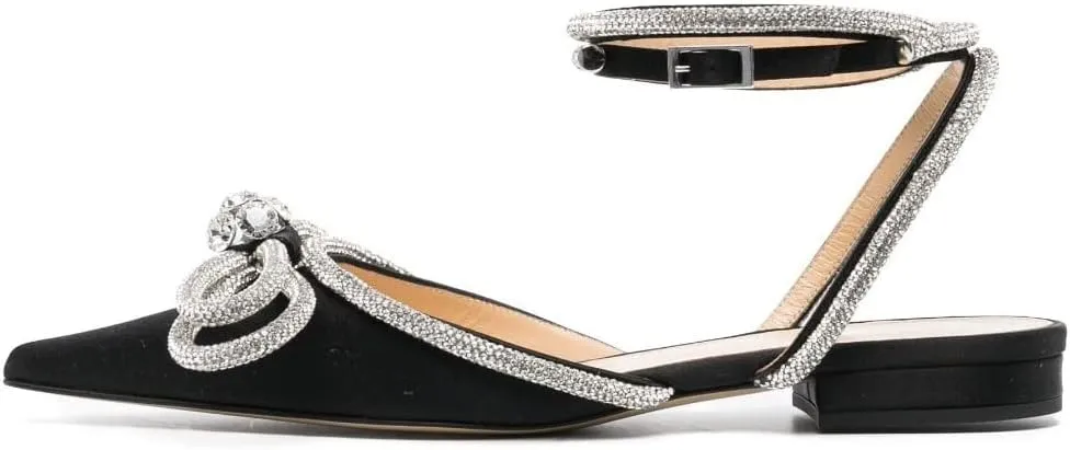 Arqa Double Bow Crystal Embellished Flats Women's Rhinestone Ankle Straps Ballet Flat Pointed Toe Bows Ballerina Shoes