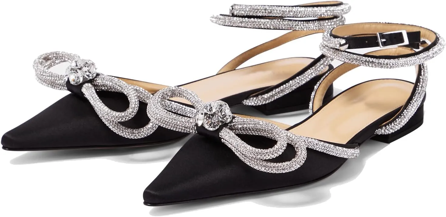 Arqa Double Bow Crystal Embellished Flats Women's Rhinestone Ankle Straps Ballet Flat Pointed Toe Bows Ballerina Shoes